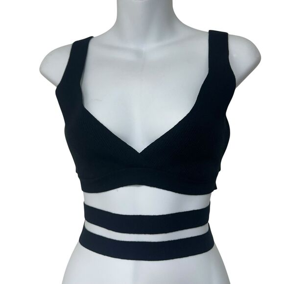 Live The Process Crop Top Women Small Theda Black Ribbed Knit Tie Detail Stretch - Picture 2 of 12
